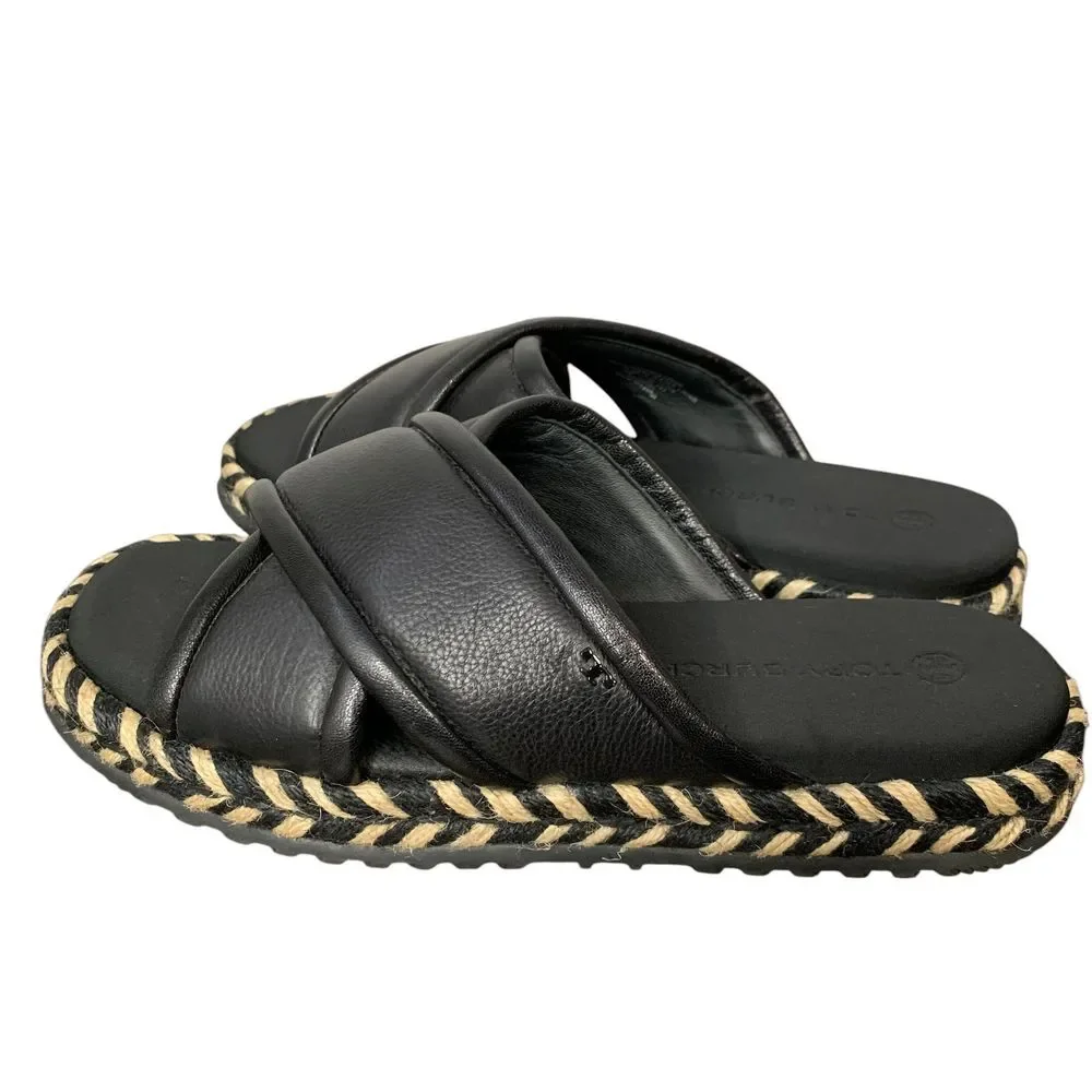Tory Burch NWOT Cross Strap Puffy Slides Espadrille Platform Sandal Black Size 9